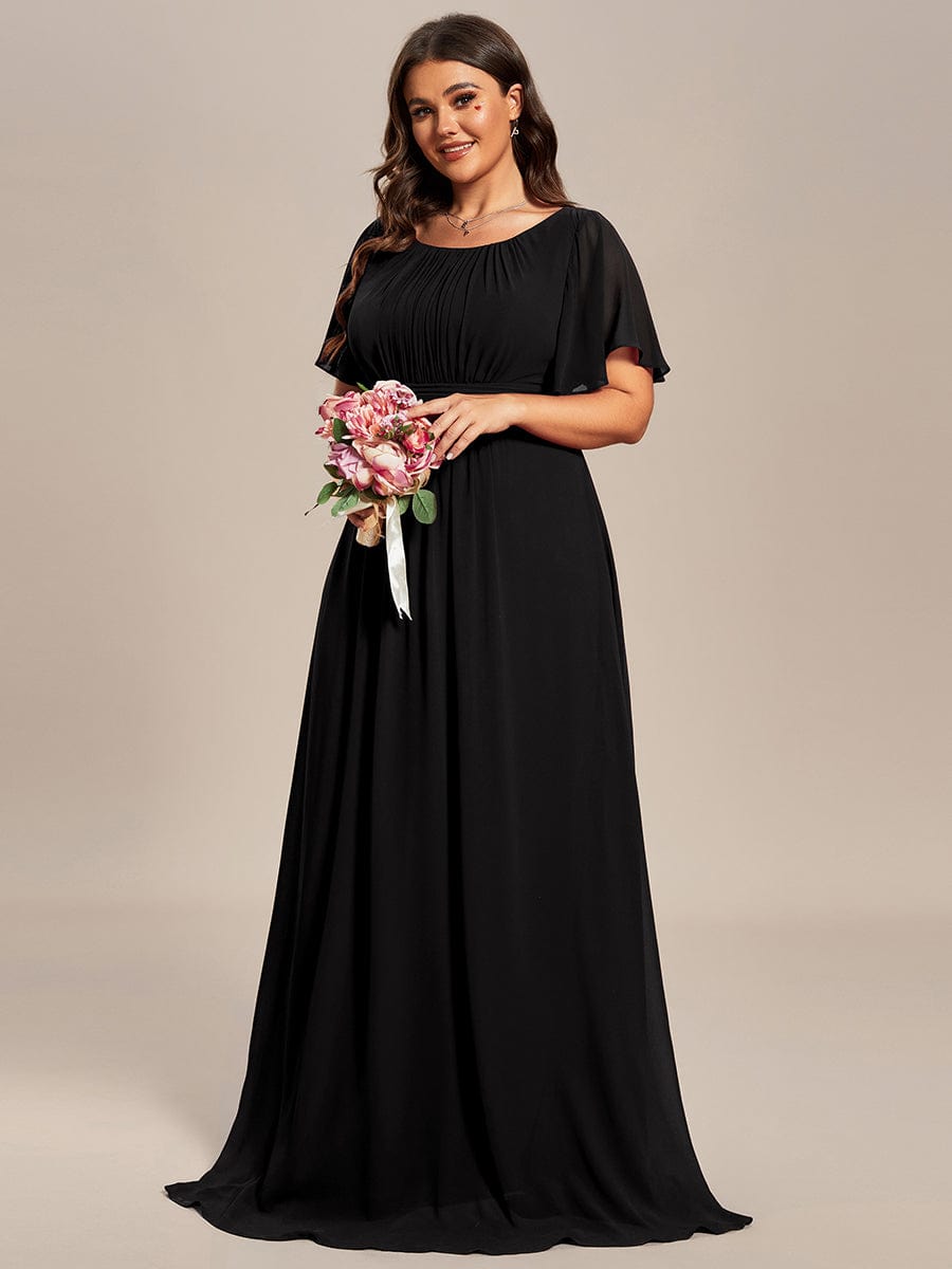 Simple Chiffon Pleated A-Line Round Neckline Bridesmaid Dress #color_Black