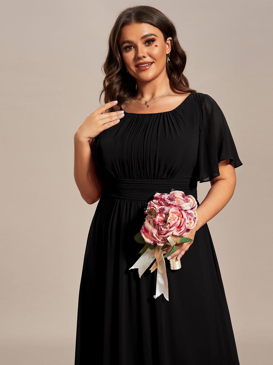 Simple Chiffon Pleated A-Line Round Neckline Bridesmaid Dress #color_Black