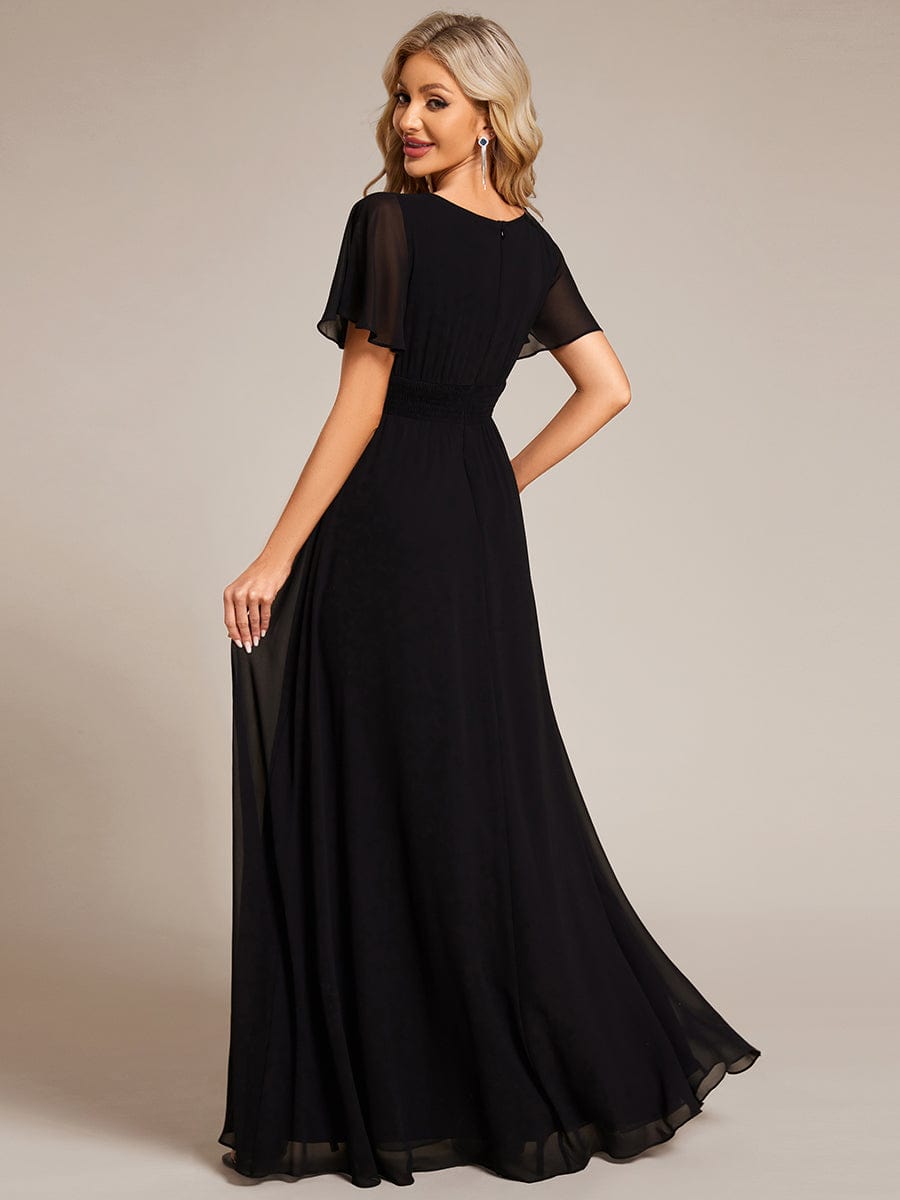 Simple Chiffon Pleated A-Line Round Neckline Dress in Black #color_Black