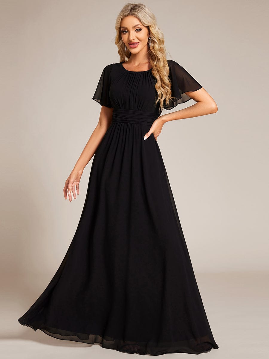 Simple Chiffon Pleated A-Line Round Neckline Bridesmaid Dress #color_Black