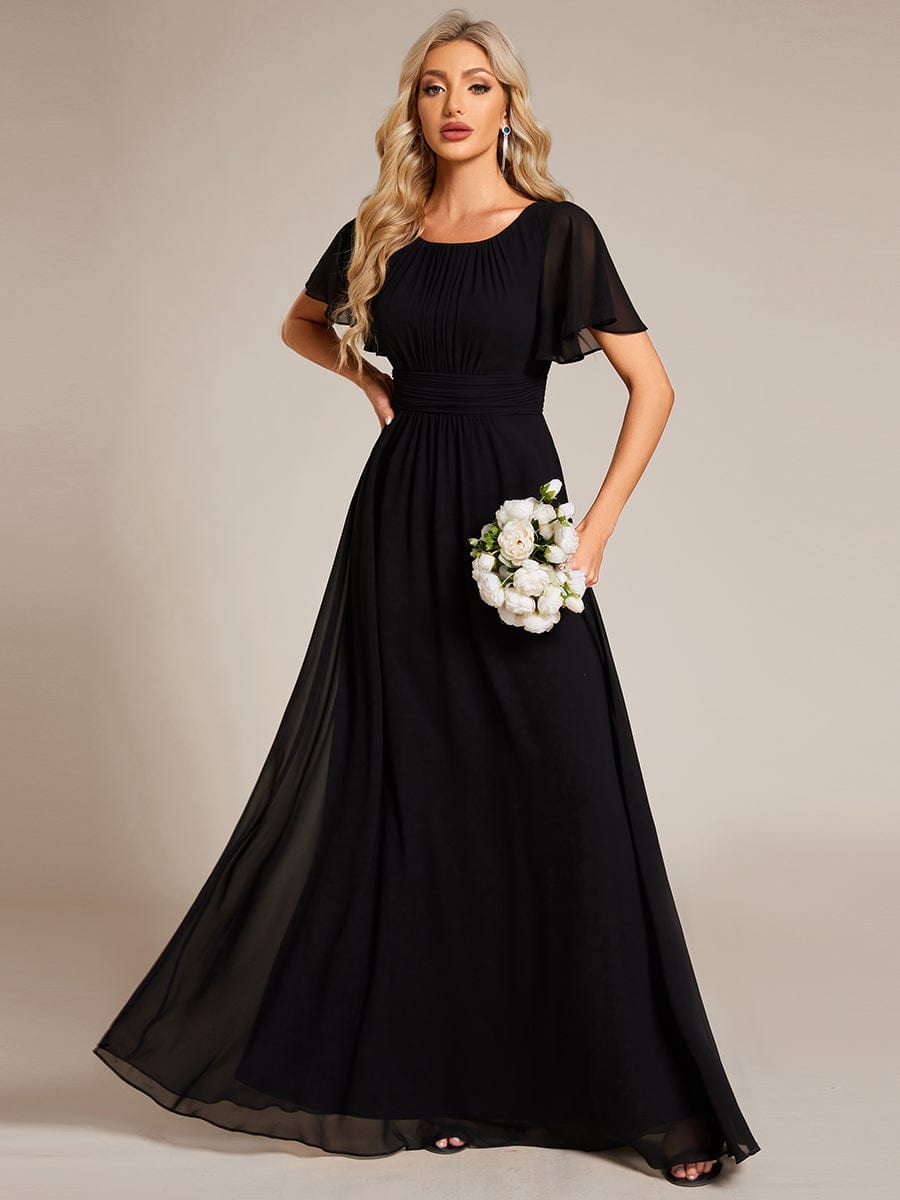 Simple Chiffon Pleated A-Line Round Neckline Dress in Black #color_Black