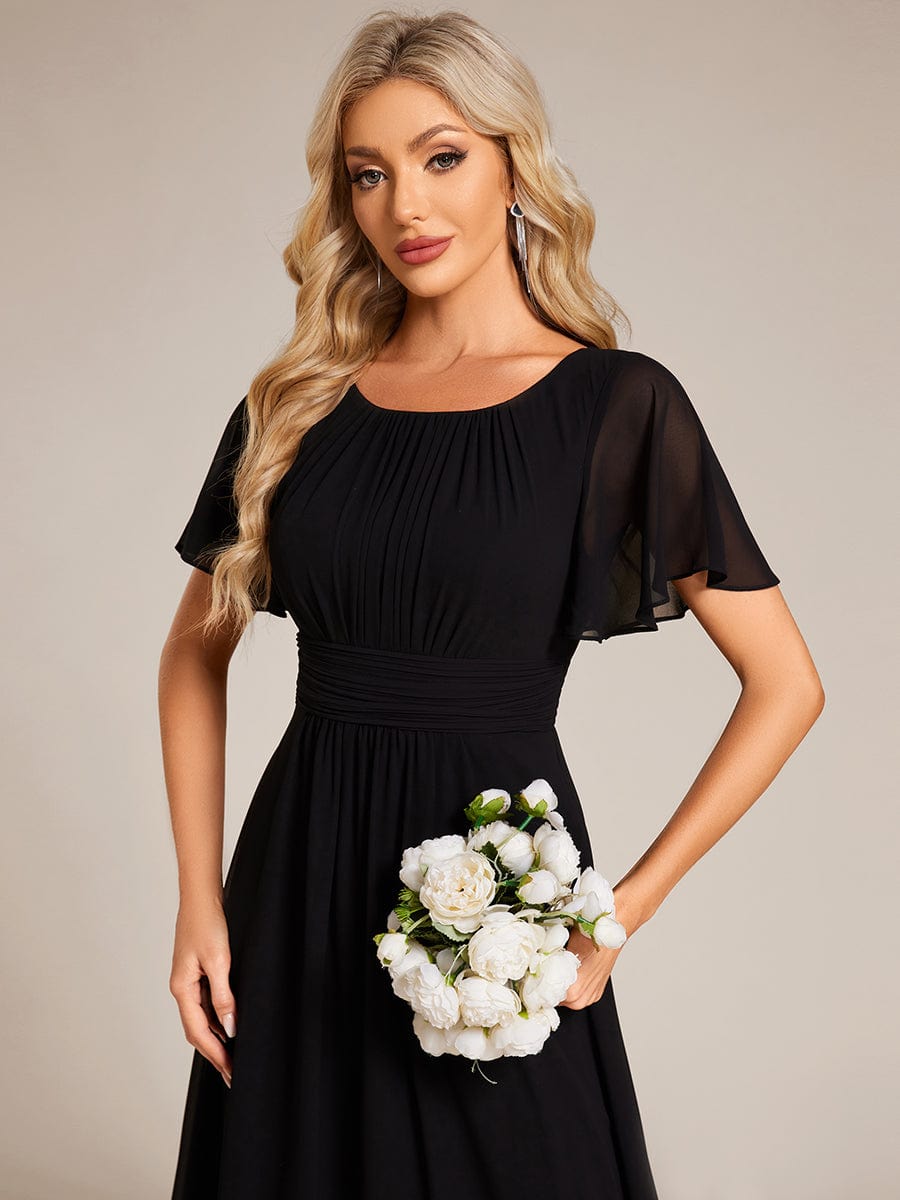 Simple Chiffon Pleated A-Line Round Neckline Bridesmaid Dress #color_Black