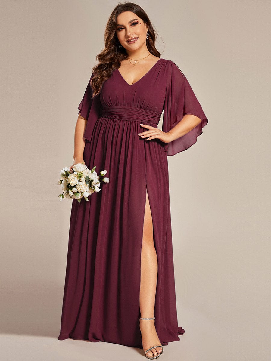 Plus Size V-Neck A-Line Chiffon Bridesmaid Dress #color_Burgundy