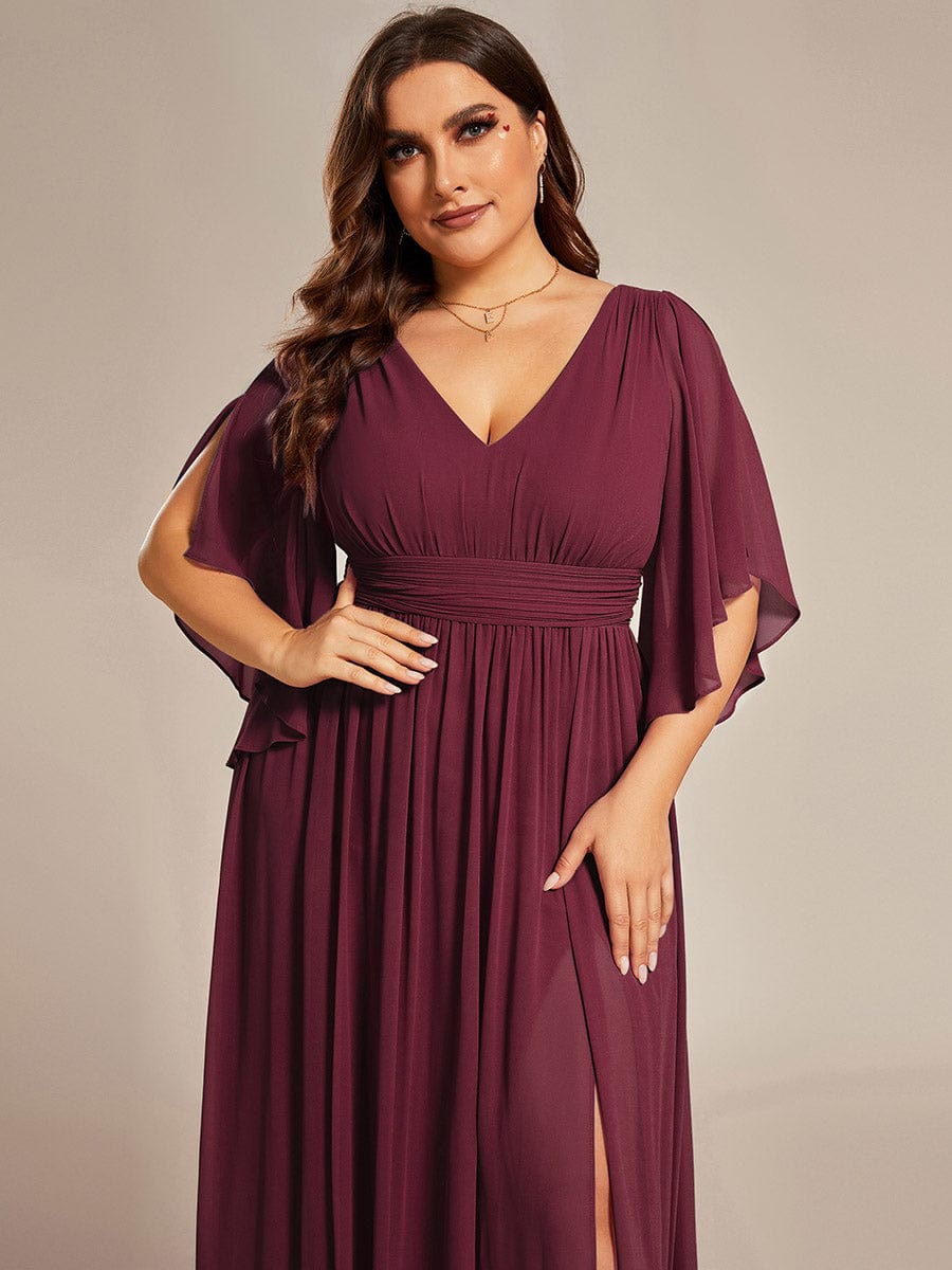 Plus Size V-Neck A-Line Chiffon Bridesmaid Dress #color_Burgundy