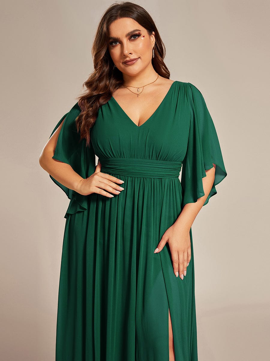 Plus Size V-Neck A-Line Chiffon Dress in Dark Green #color_Dark Green