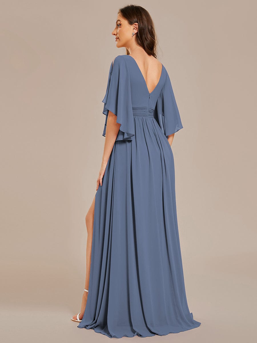 Chiffon A-Line Half Sleeves High Slit Bridesmaid Dress #color_Dusty Blue