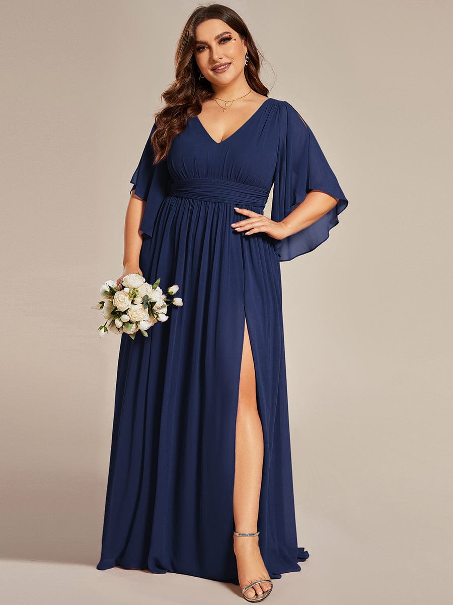 Plus Size V-Neck A-Line Chiffon Bridesmaid Dress #color_Navy Blue