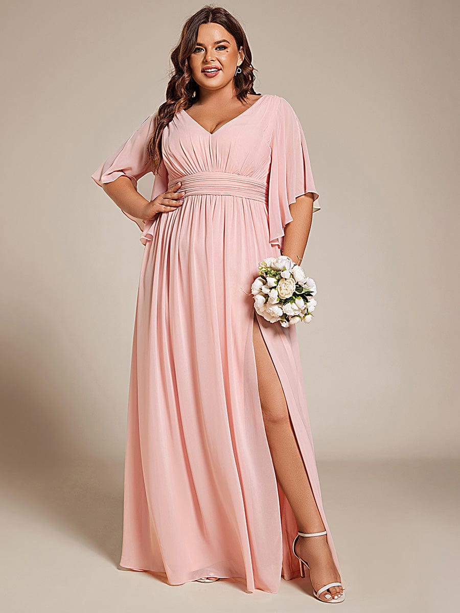 Plus Size V-Neck A-Line Chiffon Bridesmaid Dress #color_Pink