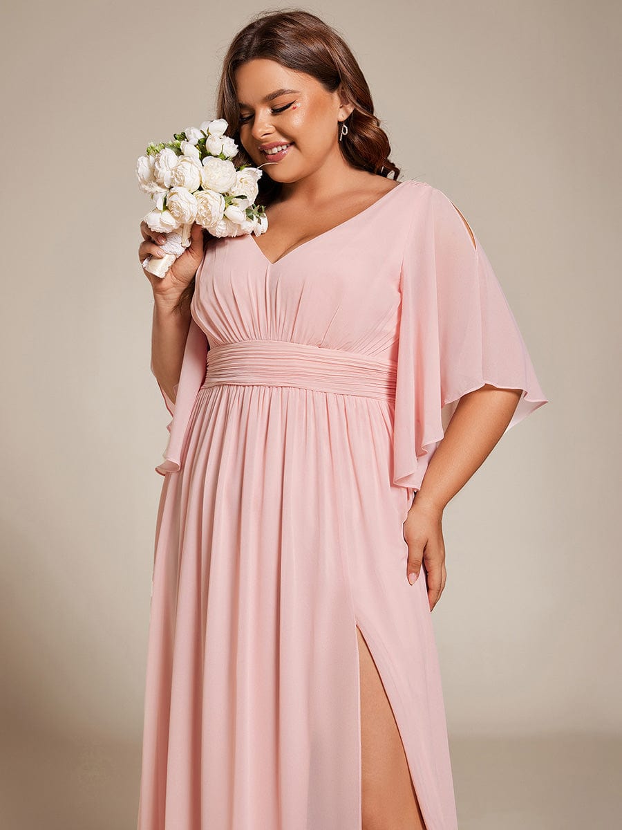Plus Size V-Neck A-Line Chiffon Bridesmaid Dress #color_Pink