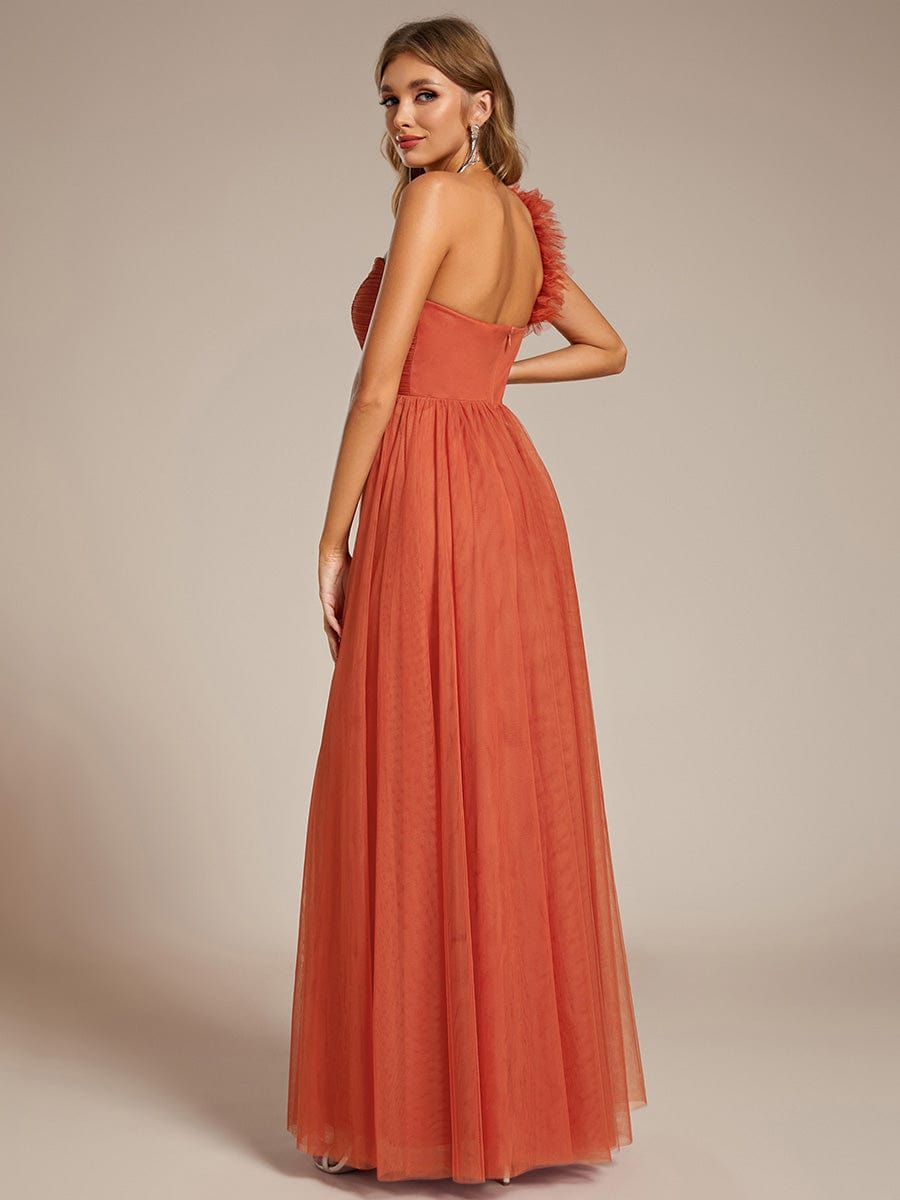 Elegant One Shoulder Maxi Tulle High Slit Bridesmaid Dress #color_Burnt Orange