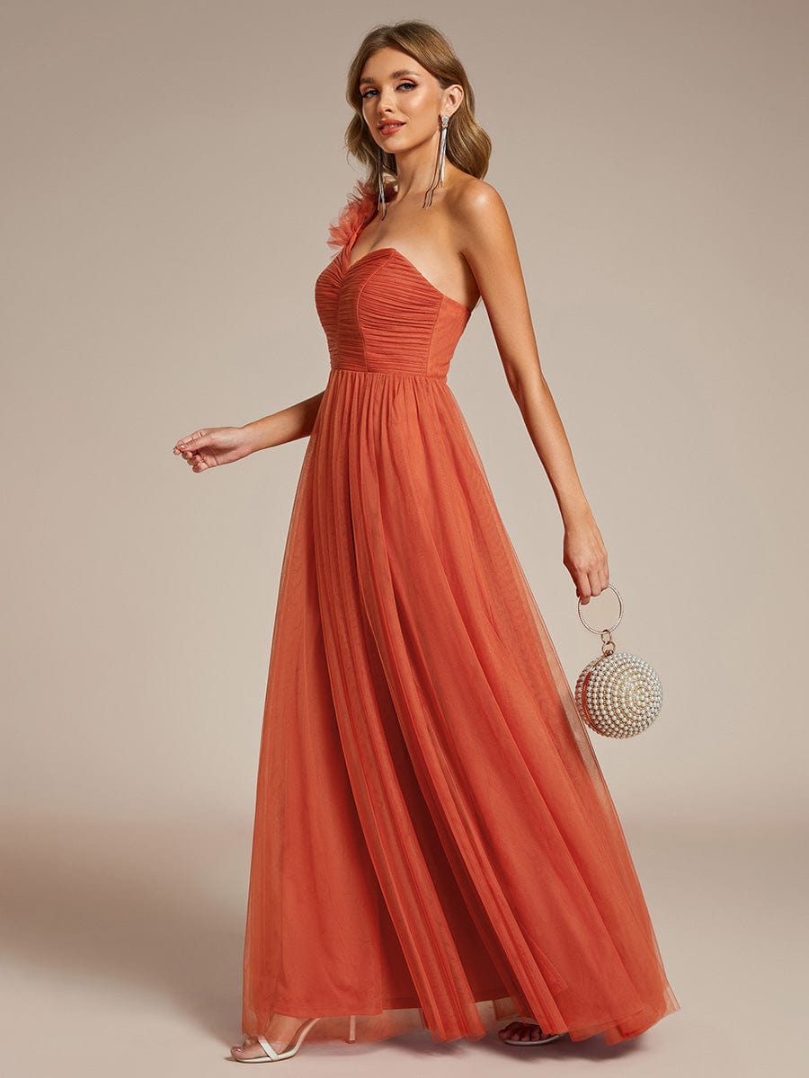 Elegant One Shoulder Maxi Tulle High Slit Bridesmaid Dress #color_Burnt Orange