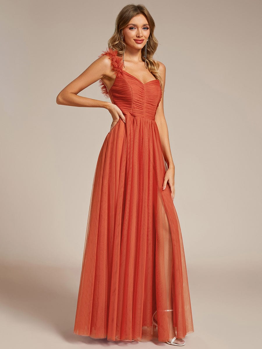 Elegant One Shoulder Maxi Tulle High Slit Bridesmaid Dress #color_Burnt Orange