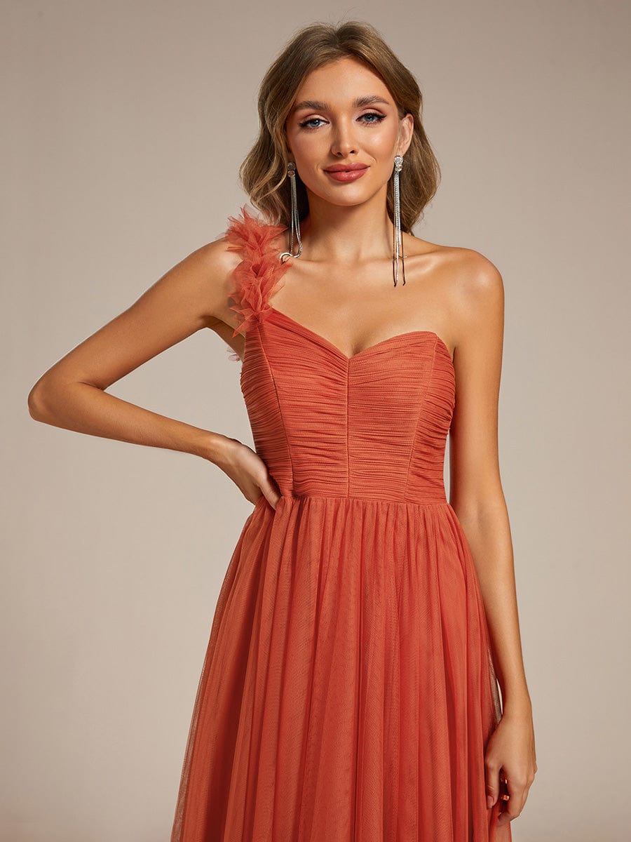 Elegant One Shoulder Maxi Tulle High Slit Bridesmaid Dress #color_Burnt Orange