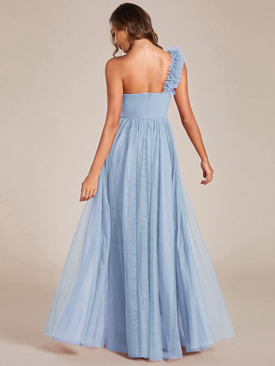 Elegant One Shoulder Maxi Tulle High Slit Bridesmaid Dress #color_Light Blue