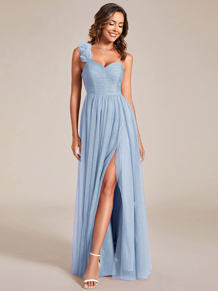 Elegant One Shoulder Maxi Tulle High Slit Bridesmaid Dress #color_Light Blue