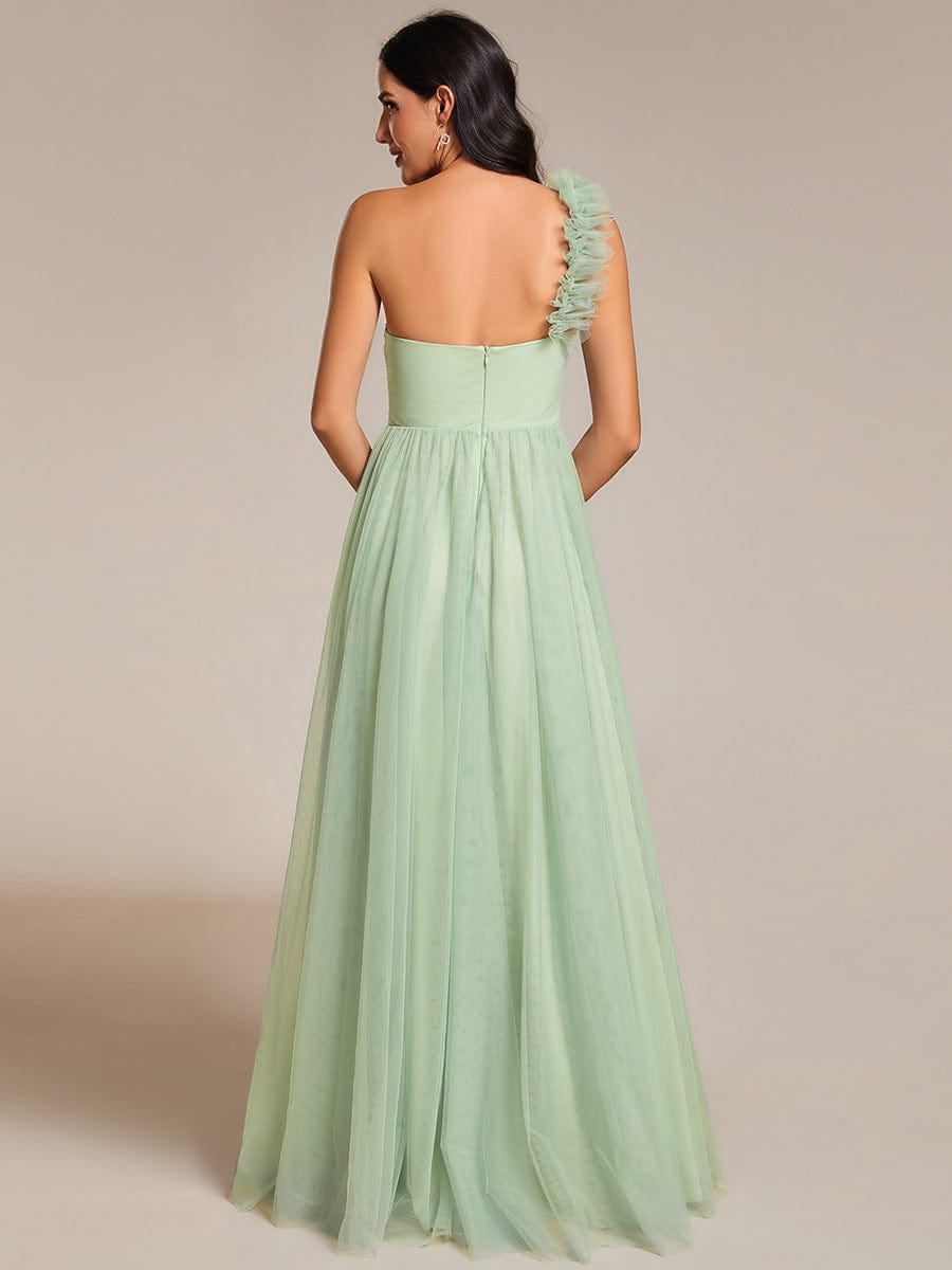 Elegant One Shoulder Maxi Tulle High Slit Dress In Sage Green #color_Mint Green