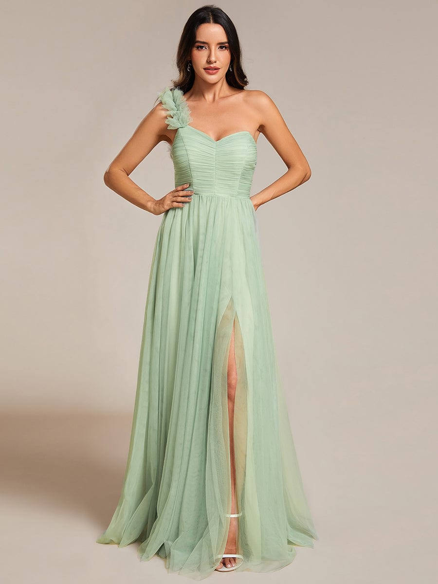 Elegant One Shoulder Maxi Tulle High Slit Dress In Sage Green #color_Mint Green