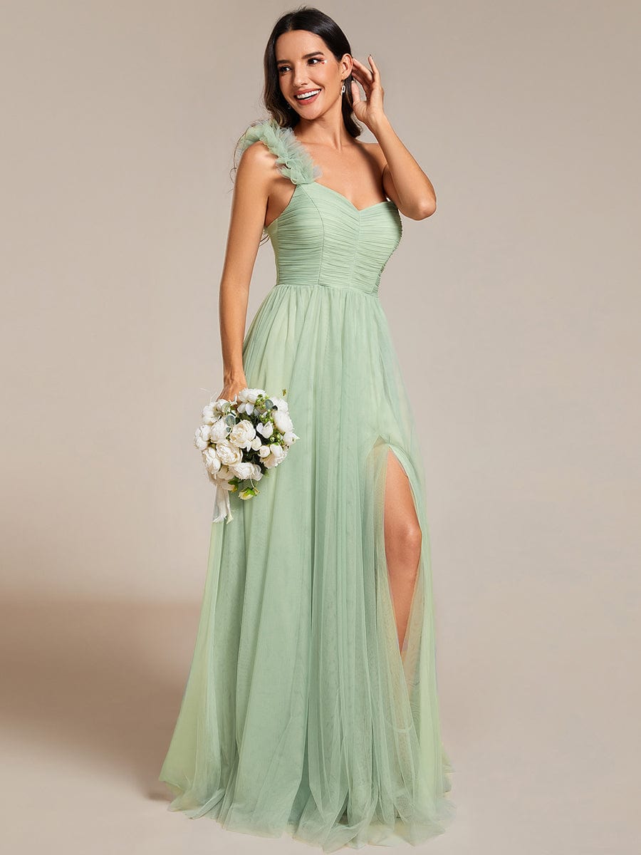 Elegant One Shoulder Maxi Tulle High Slit Dress In Sage Green #color_Mint Green