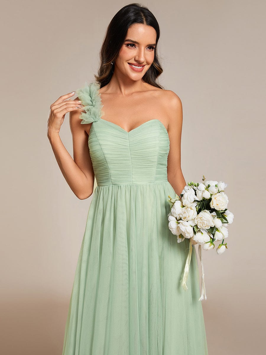 Elegant One Shoulder Maxi Tulle High Slit Dress In Sage Green #color_Mint Green