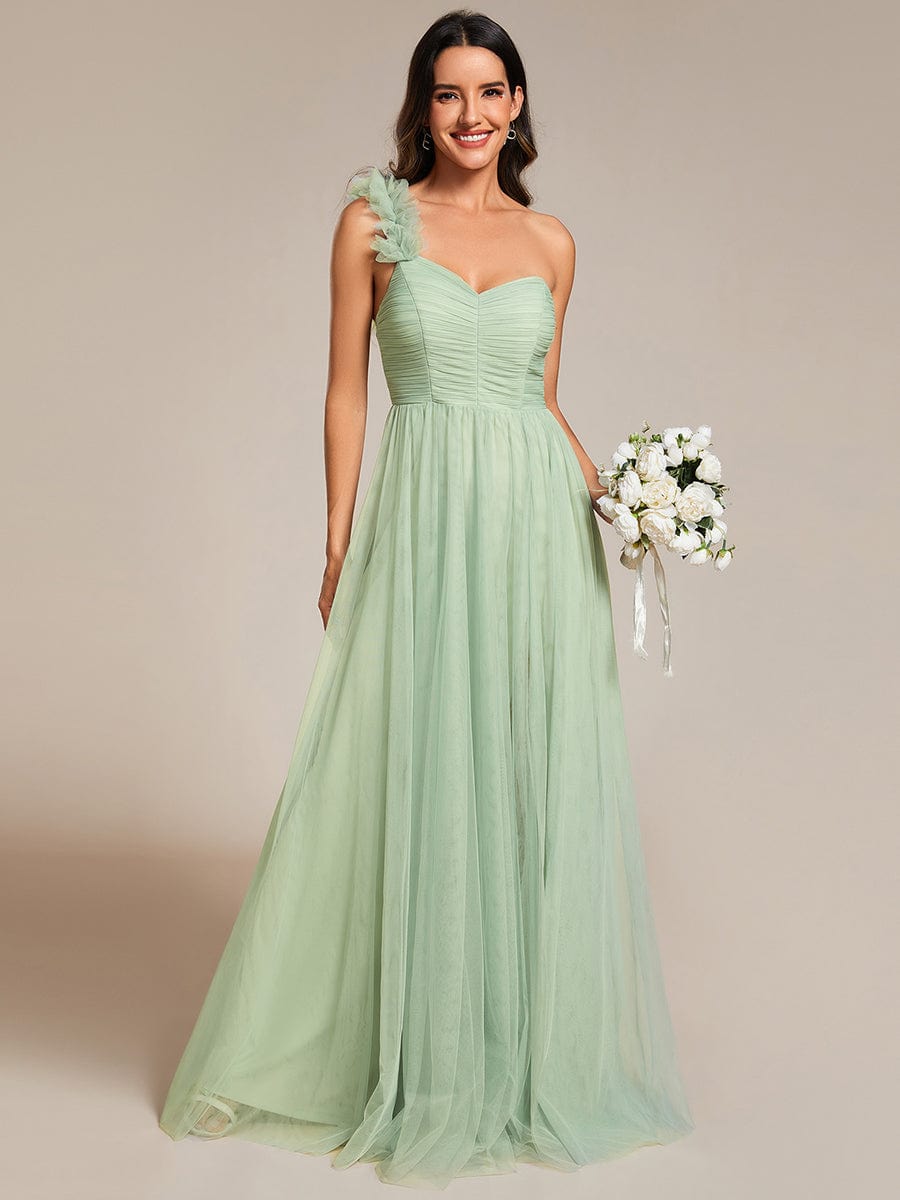 Elegant One Shoulder Maxi Tulle High Slit Dress In Sage Green #color_Mint Green