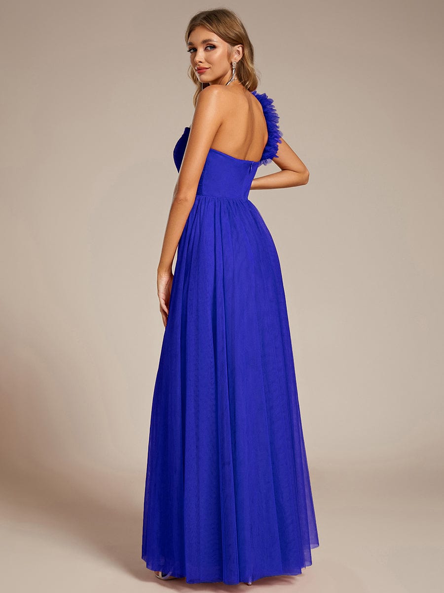 Elegant One Shoulder Maxi Tulle High Slit Bridesmaid Dress #color_Sapphire Blue