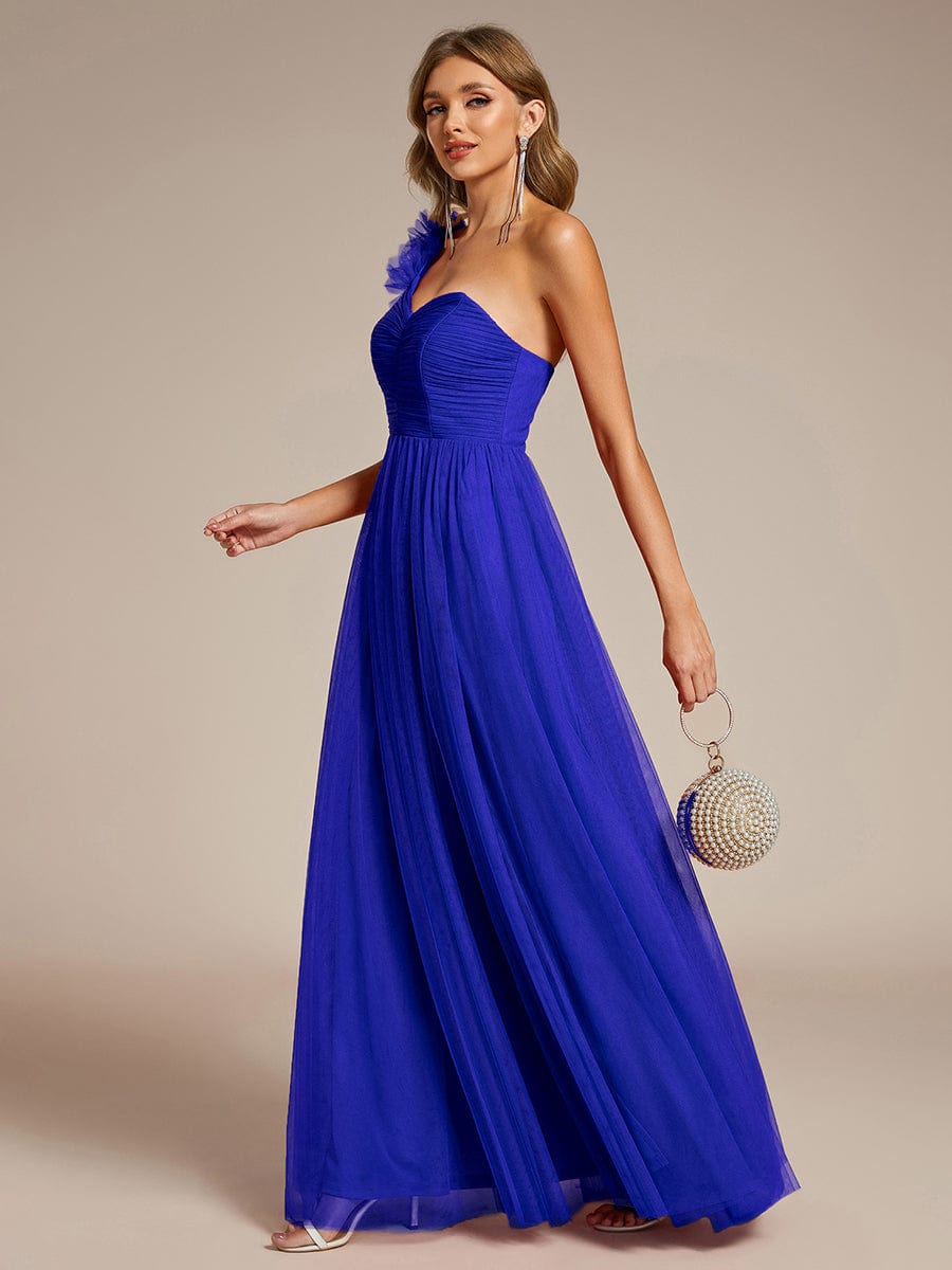 Elegant One Shoulder Maxi Tulle High Slit Bridesmaid Dress #color_Sapphire Blue