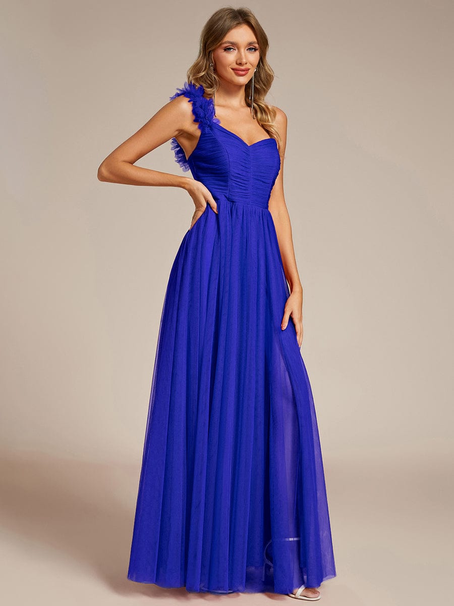 Elegant One Shoulder Maxi Tulle High Slit Bridesmaid Dress #color_Sapphire Blue