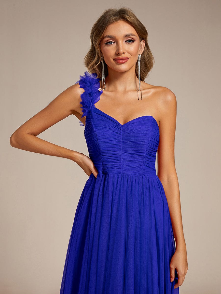 Elegant One Shoulder Maxi Tulle High Slit Bridesmaid Dress #color_Sapphire Blue