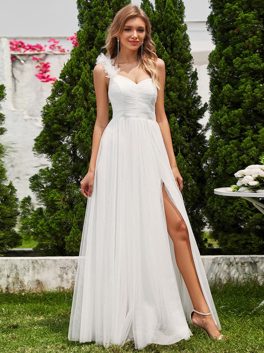 Elegant One Shoulder Maxi Tulle High Slit Bridesmaid Dress #color_White