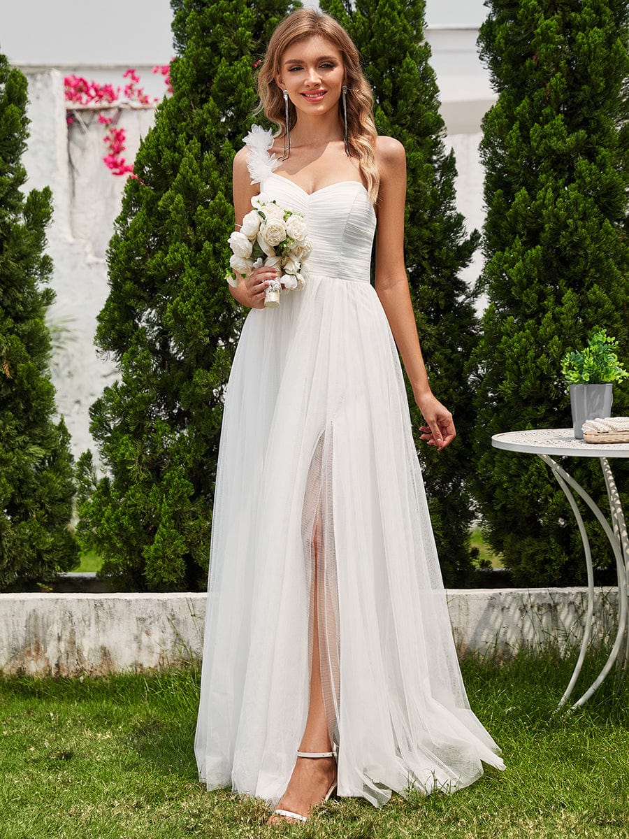 Elegant One Shoulder Maxi Tulle High Slit Bridesmaid Dress #color_White