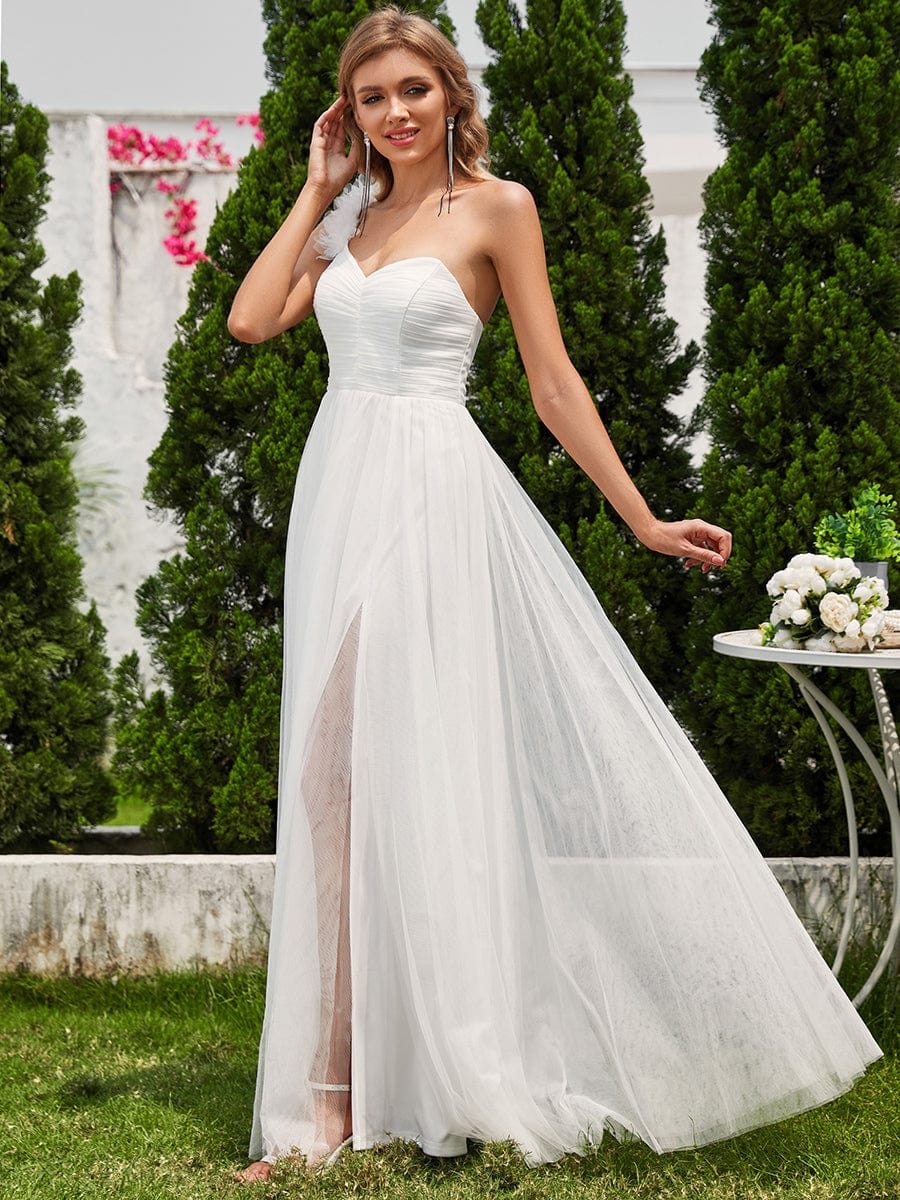 Elegant One Shoulder Maxi Tulle High Slit Bridesmaid Dress #color_White