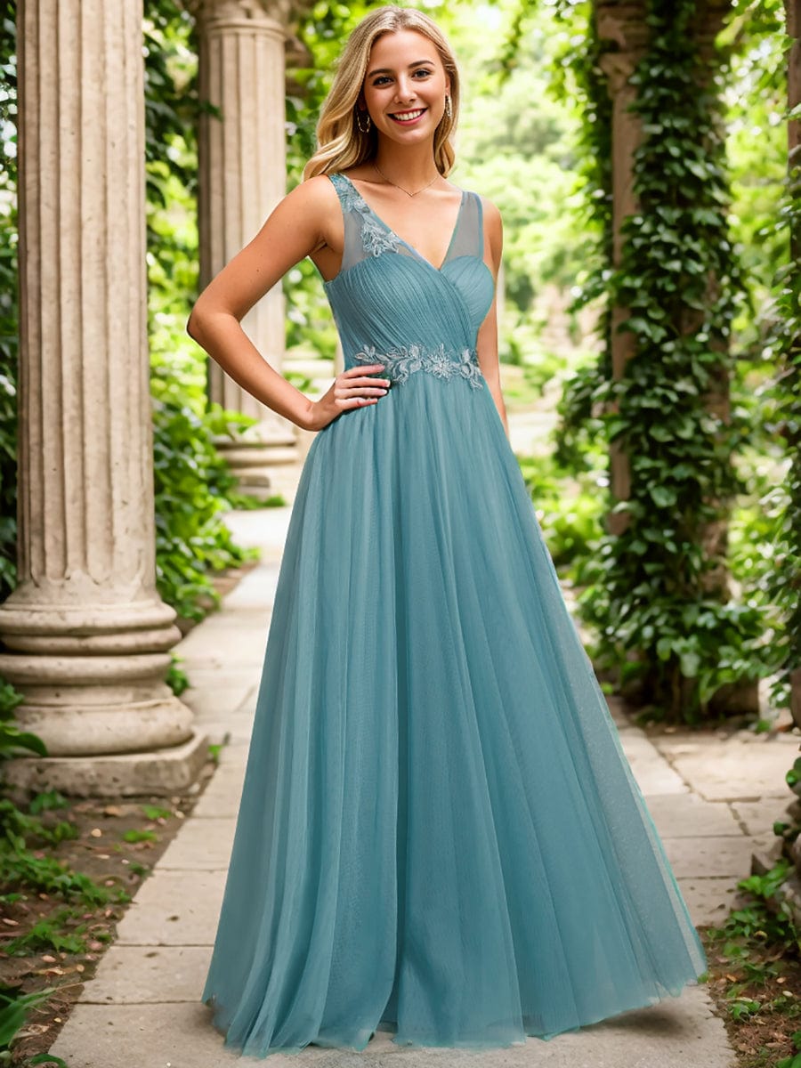 Elegant V-Neck Applique Maxi Bridesmaid Dress #color_Light Teal