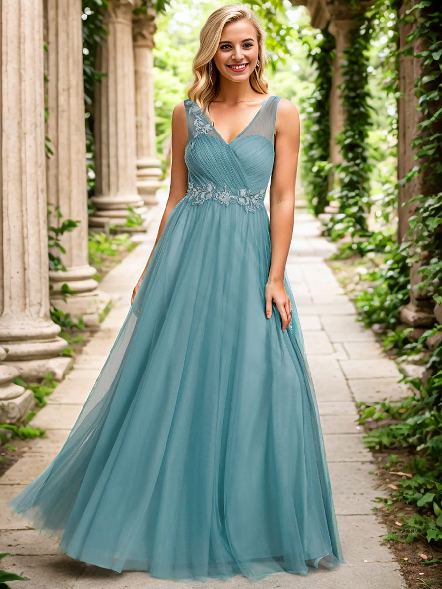 Elegant V-Neck Applique Maxi Bridesmaid Dress #color_Light Teal