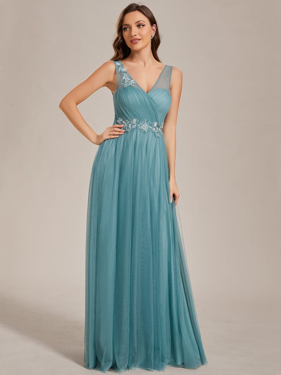 Elegant V-Neck Applique Maxi Bridesmaid Dress #color_Light Teal