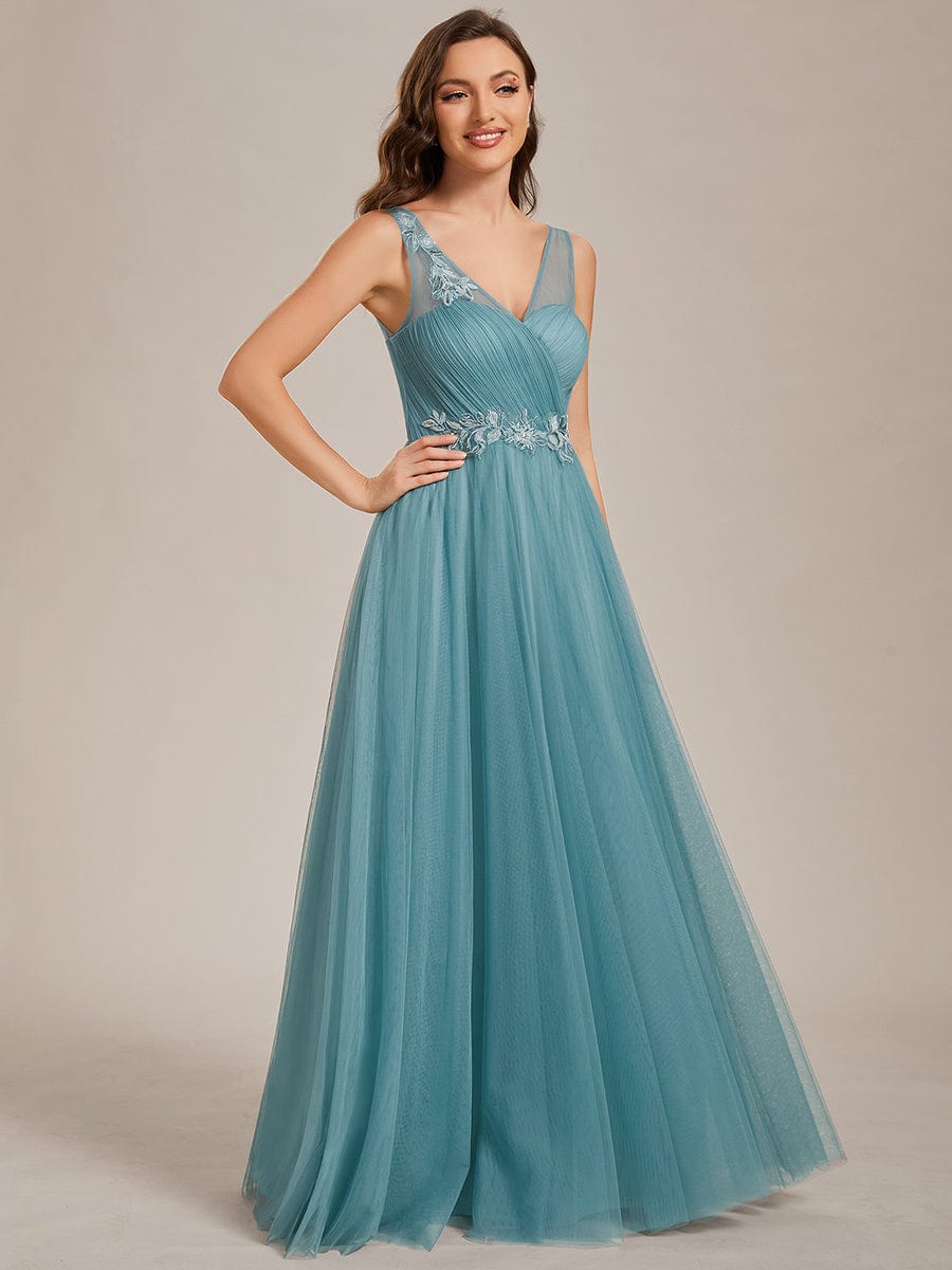 Elegant V-Neck Applique Maxi Bridesmaid Dress #color_Light Teal