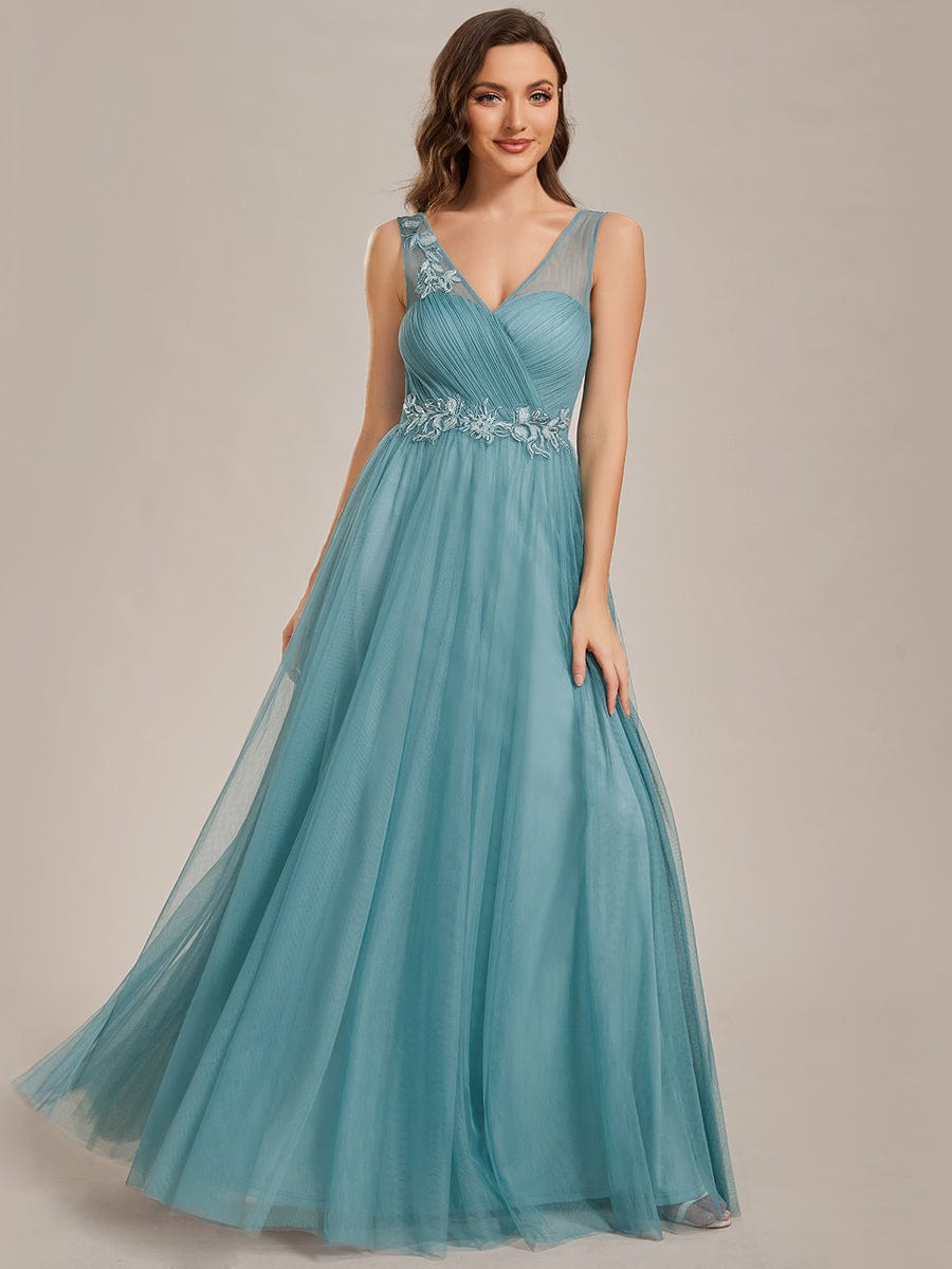 Elegant V-Neck Applique Maxi Bridesmaid Dress #color_Light Teal