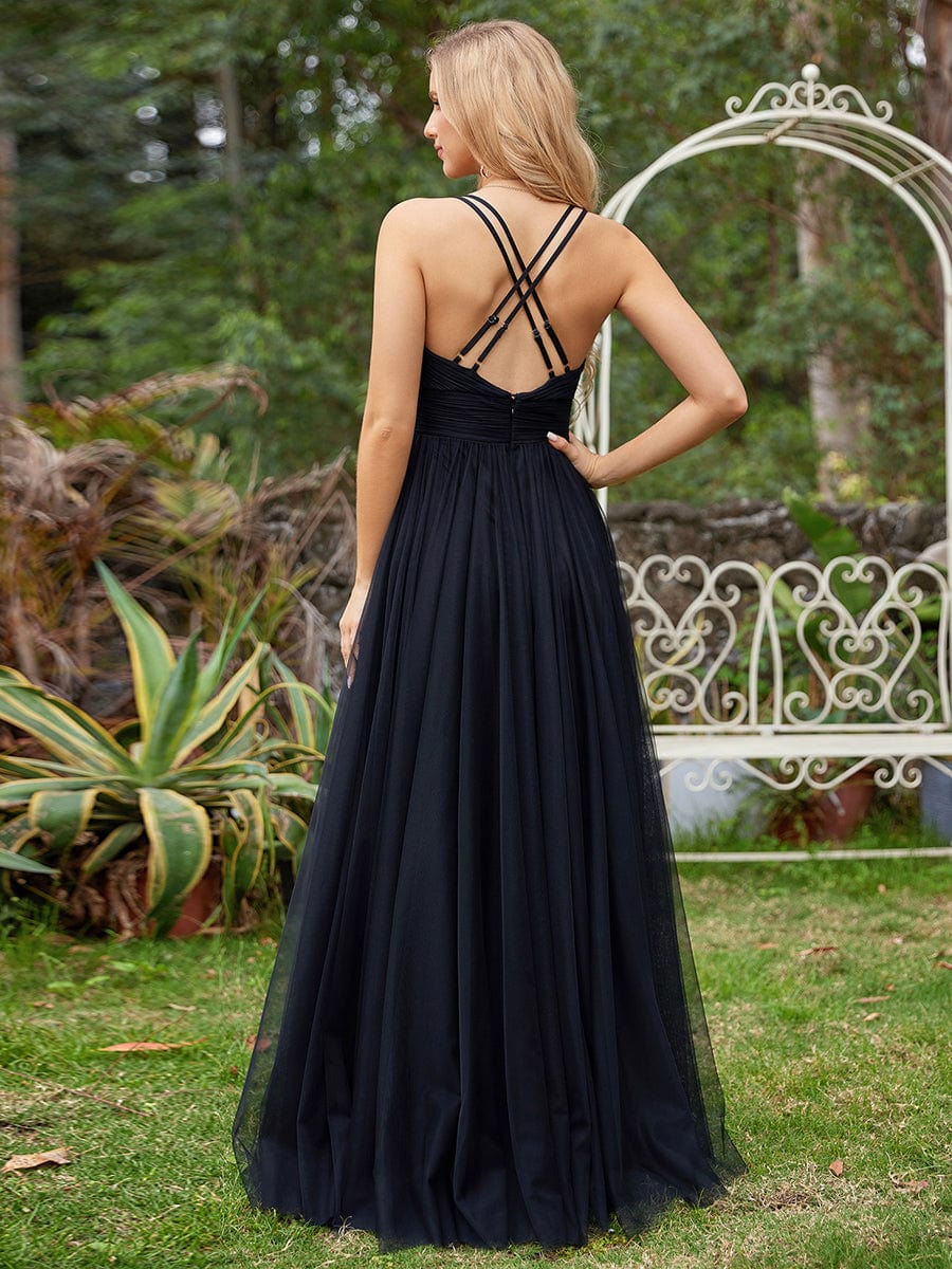 Elegant Sleeveless V-Neck A-Line Dresss in Black #color_Black