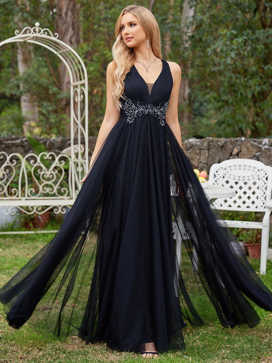 Elegant Sleeveless V-Neck A-Line Dresss in Black #color_Black