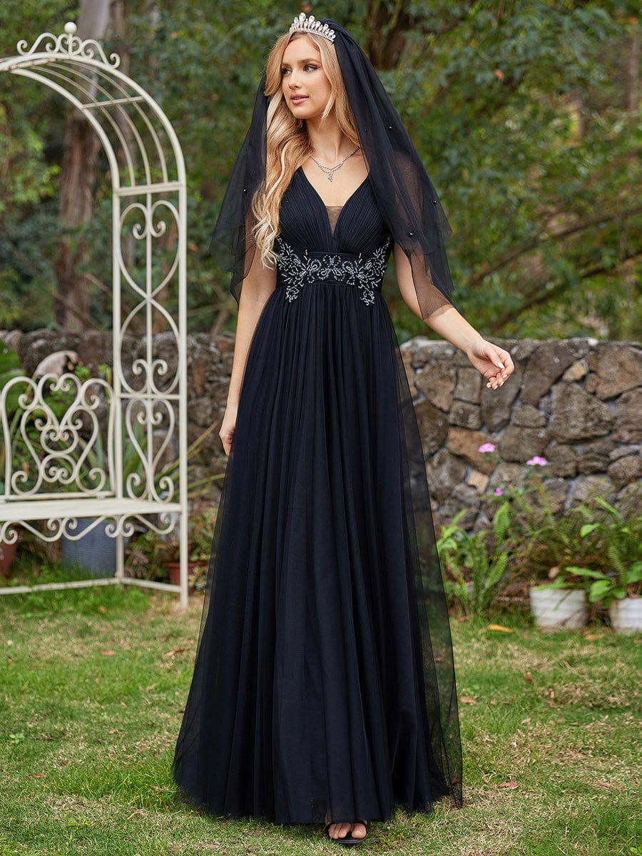 Elegant Sleeveless V-Neck A-Line Dresss in Black #color_Black