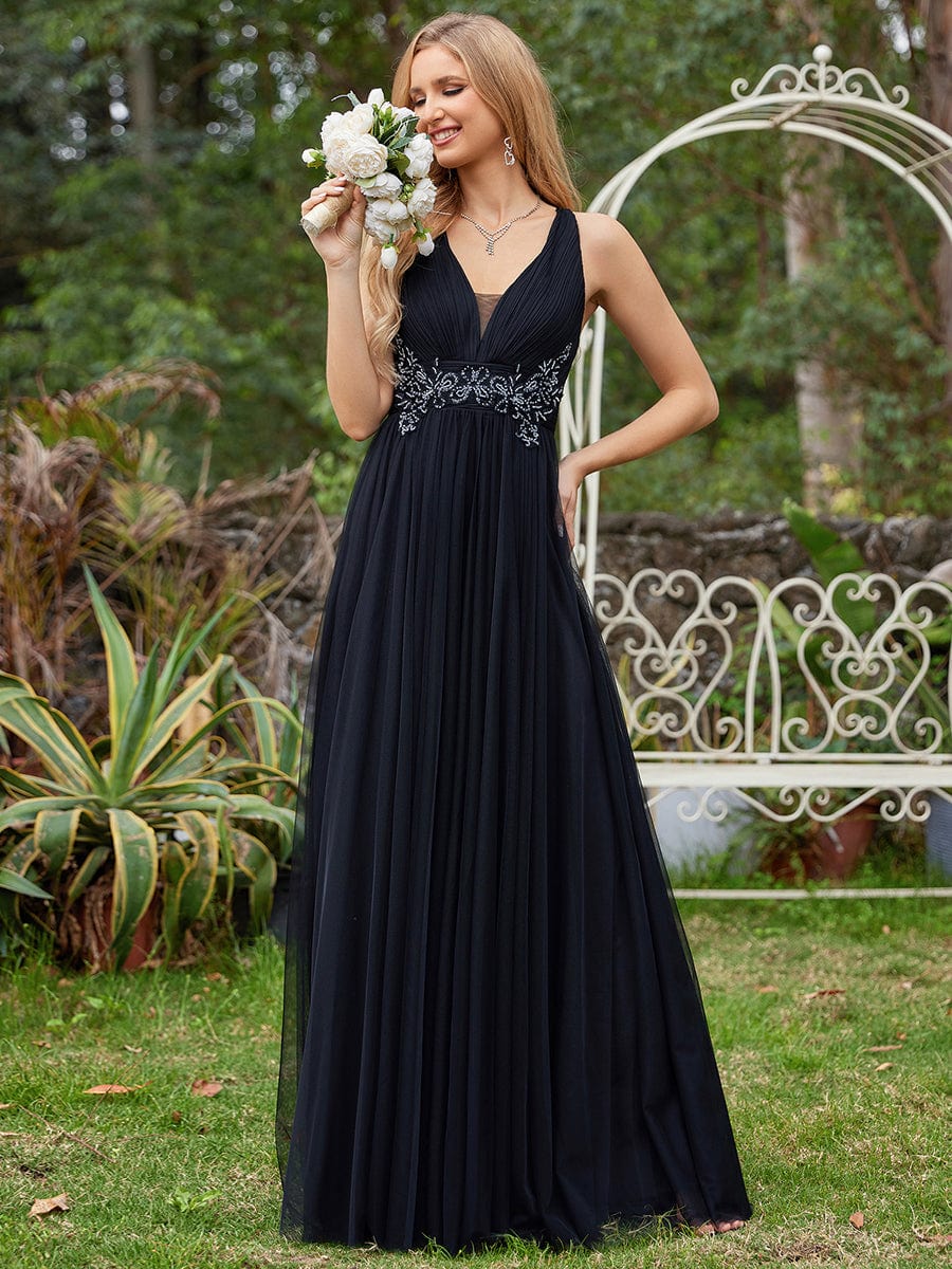 Elegant Sleeveless V-Neck A-Line Dresss in Black #color_Black