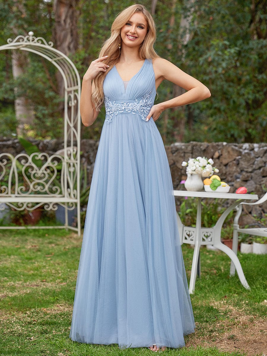 Elegant Sleeveless V-Neck A-Line Bridesmaid Dresss #color_Light Blue