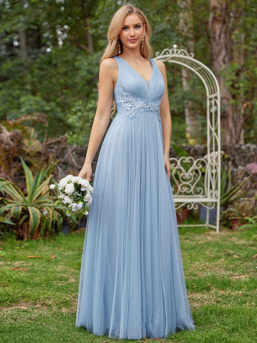 Elegant Sleeveless V-Neck A-Line Bridesmaid Dresss #color_Light Blue