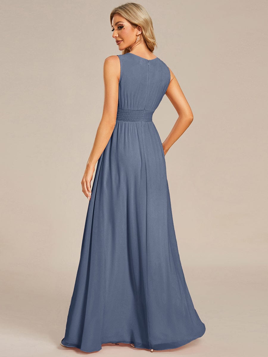 A-Line Chiffon Bridesmaid Dress with Sleeveless Round Neckline and Pleats #color_Dusty Blue