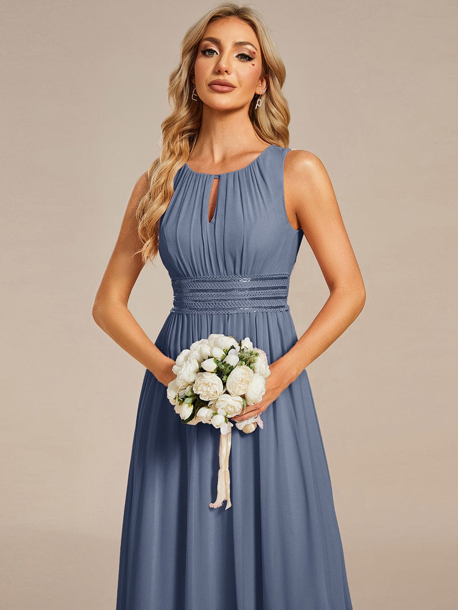 A-Line Chiffon Bridesmaid Dress with Sleeveless Round Neckline and Pleats #color_Dusty Blue