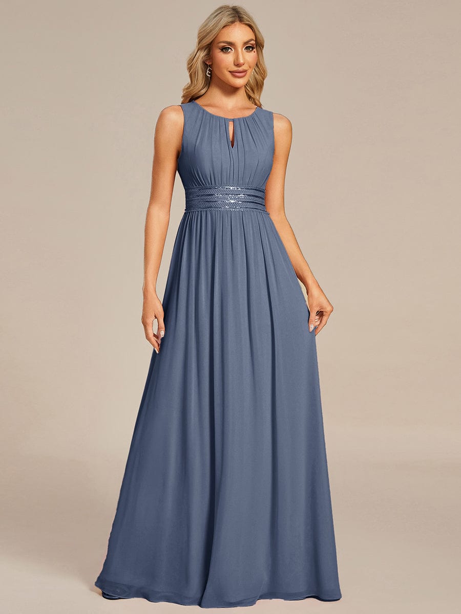 A-Line Chiffon Bridesmaid Dress with Sleeveless Round Neckline and Pleats #color_Dusty Blue