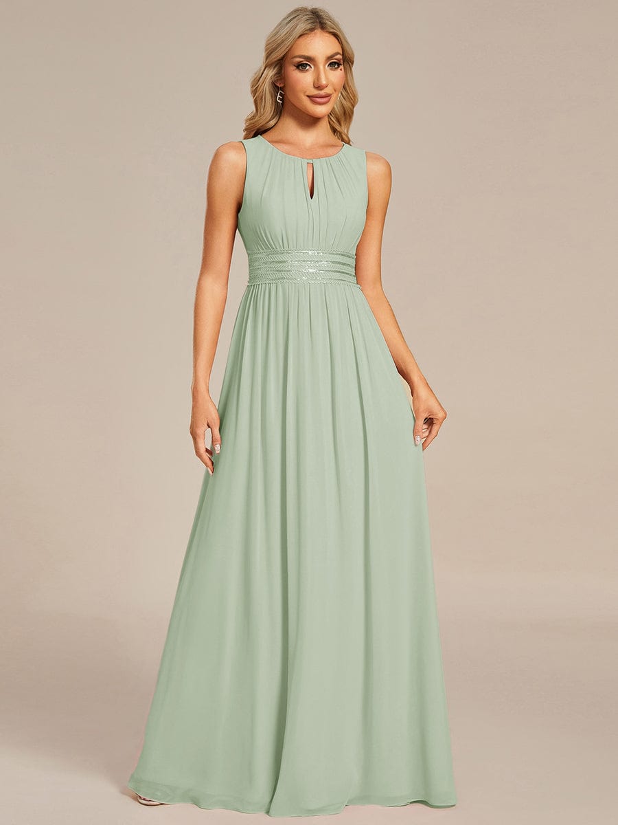 A-Line Chiffon Bridesmaid Dress with Sleeveless Round Neckline and Pleats #color_Mint Green