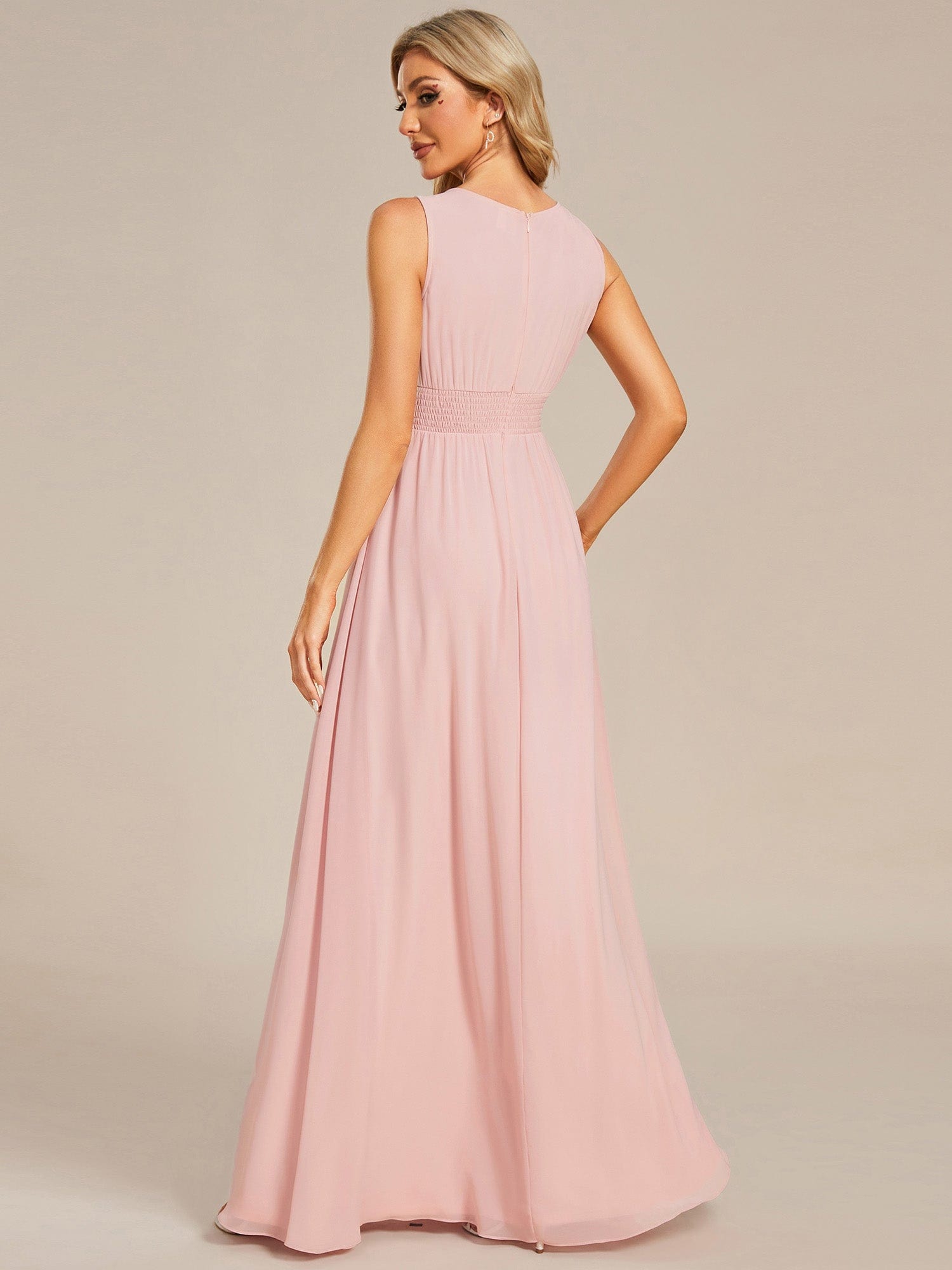 A-Line Chiffon Round Neckline Bridesmaid Dress with Sleeveless and Pleats In Pink #color_Pink