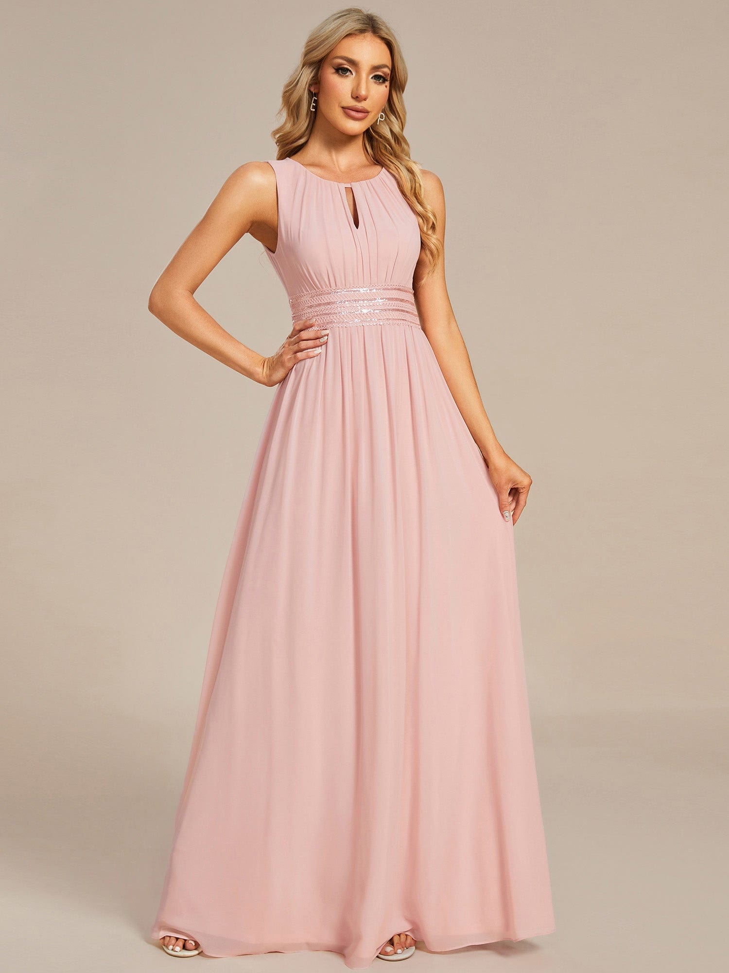 A-Line Chiffon Round Neckline Bridesmaid Dress with Sleeveless and Pleats In Pink #color_Pink