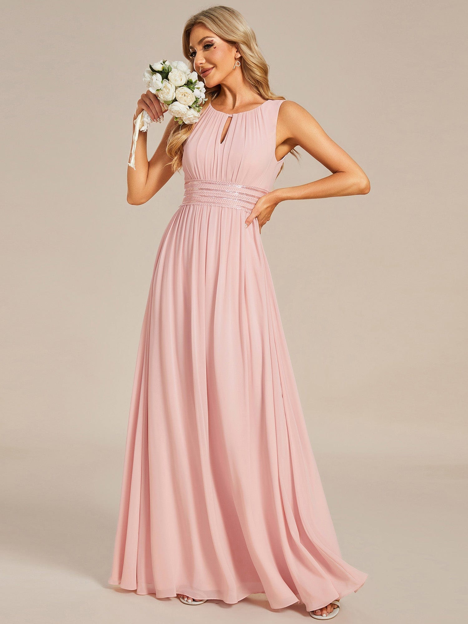 A-Line Chiffon Round Neckline Bridesmaid Dress with Sleeveless and Pleats In Pink #color_Pink