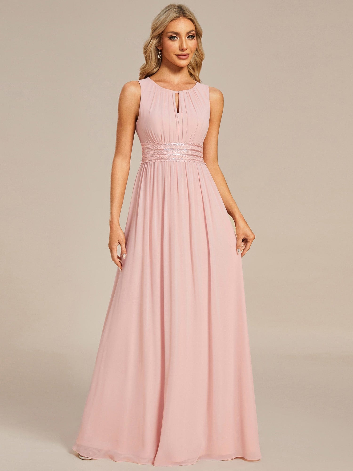 A-Line Chiffon Round Neckline Bridesmaid Dress with Sleeveless and Pleats In Pink #color_Pink